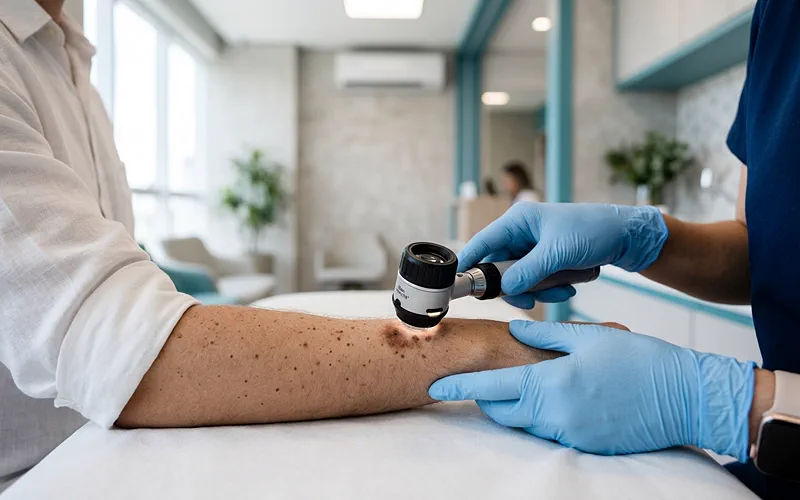 Exame dermatol&oacute;gico da pele