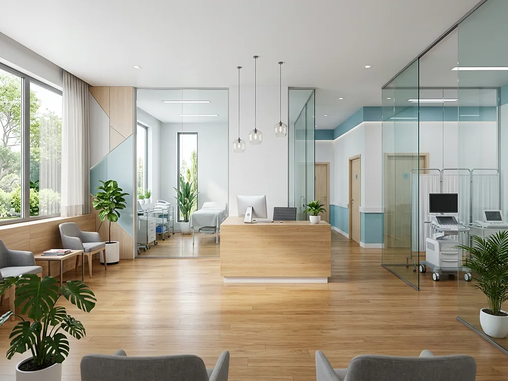 Interior moderno da Clínica Brasília com recepção e equipamentos